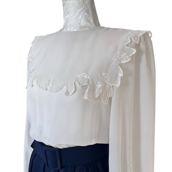 Vintage 80s White Blue Sheer Belted Dress Womens Sz Small Lace Collar Coquette - Picture 9 of 16